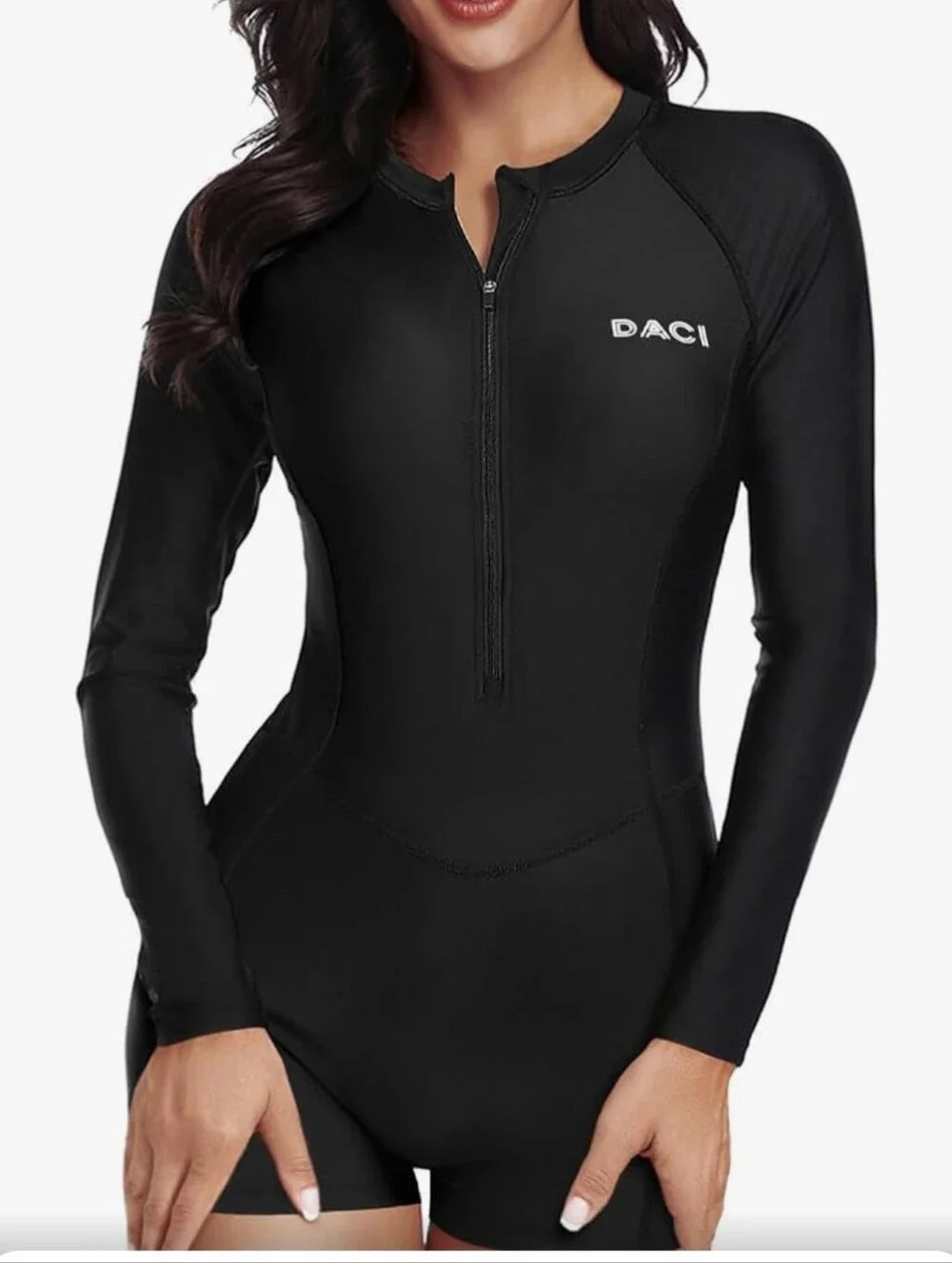 DACI Women's Black Long Sleeve One-Piece Swim Suit with Front Zip Size Sm